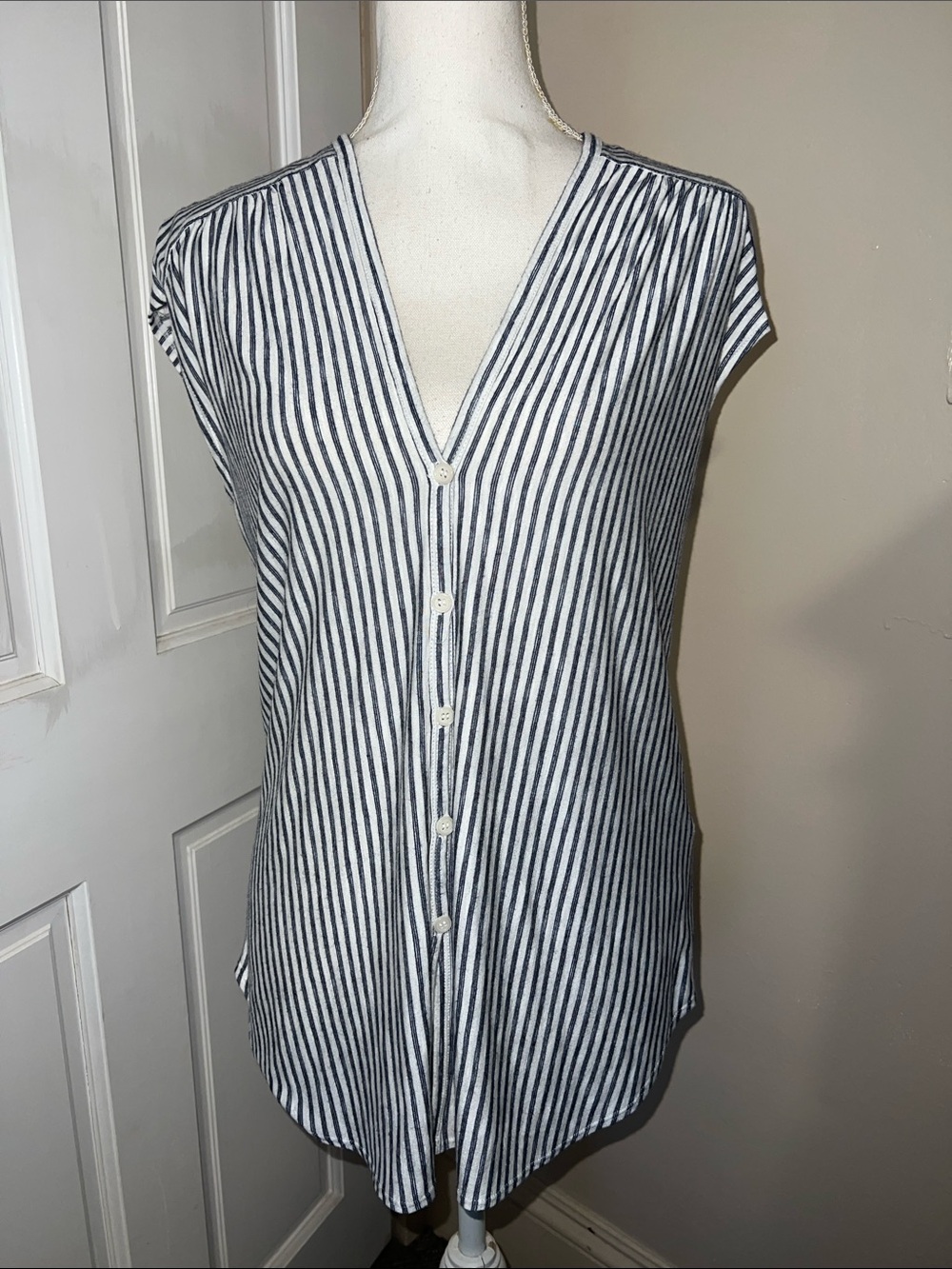 Max Studio Navy and White Striped Button-Down V-Neck Top